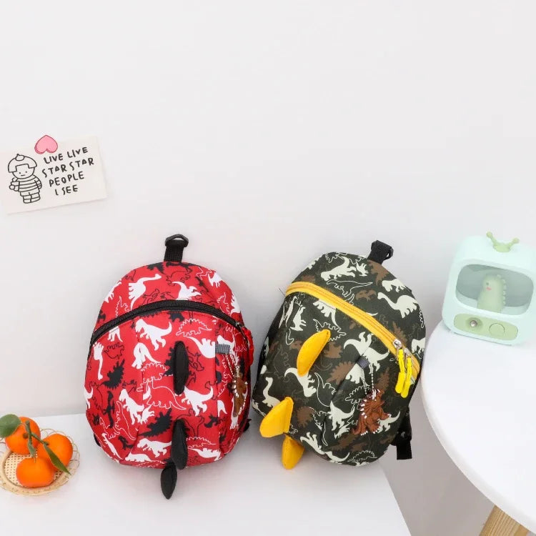 Children's anti-loss safety backpack with dinosaur-shaped safety belt.